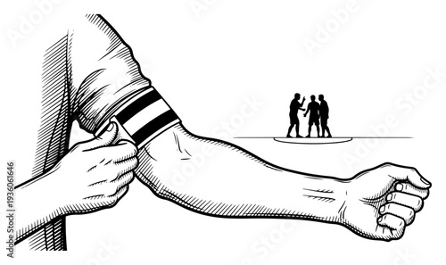 Close up of a player putting on a captains armband with silhouettes of athletes in background