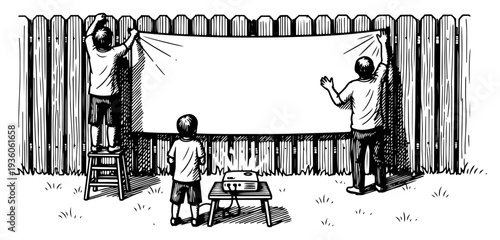 People setting up a white banner or projector screen on a wooden garden fence
