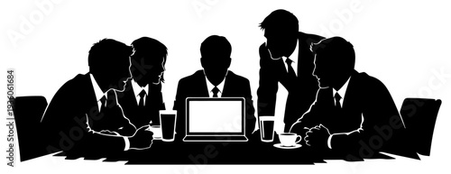 Group of business people silhouettes having a corporate meeting at a conference table