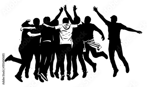 Group of friends jumping and cheering in a joyful celebration silhouette