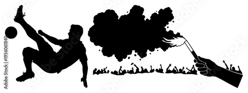 Silhouette of a soccer player performing a bicycle kick with fans and a smoking flare