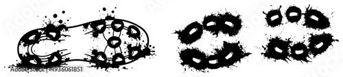 Grungy soccer shoe footprints with ink splatters and mud texture