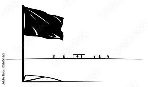 Perspective of a soccer field seen from behind a corner flag with distant players