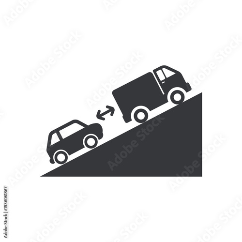 Isolated pictogram of uphill inclined road with truck, car behind, and arrow symbolizing safe following distance warning for vehicles on steep road