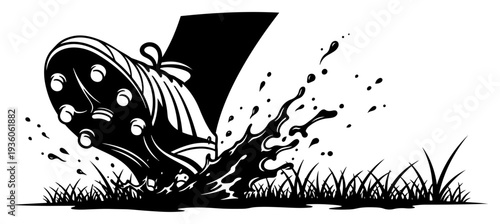Dynamic silhouette of a soccer boot kicking into grass and splashing mud