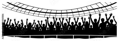 Cheering stadium crowd silhouette with raised hands under architectural roof