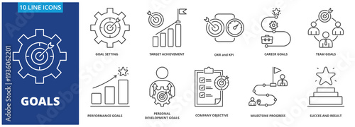 GOALS icon vector illustration concept. Icon pack contain goal setting, target achievement, okr & kpi, career goals, team goals, performance goals, personal development goals, company objectives