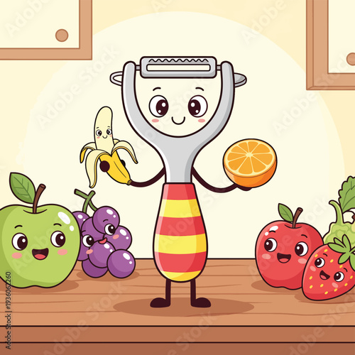 Cartoon Peeler with Fresh Fruit