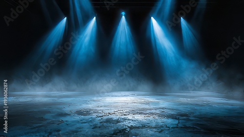 Dramatic, dark stage illuminated by blue spotlights and atmospheric haze.