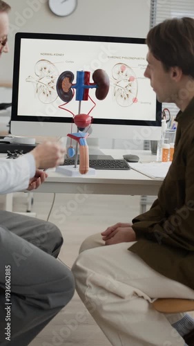 Vertical side view medium shot of male urologist explaining kidney anatomy using 3D urinary system model to male patient, with anatomical diagrams displayed on desktop monitor in background