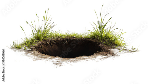 Fresh green grass growing around a deep hole in the ground isolated on a transparent background soil