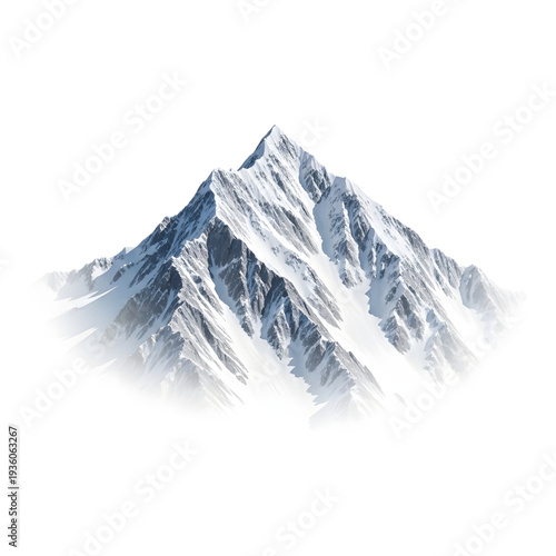 Snowy mountain peak isolated with rocky ridges and white glacier slopes on transparent
