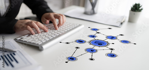 Quadro em tela A business professional engages with digital technology symbols on a modern office desk