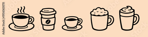 Set of hand-drawn minimalist coffee icons including espresso, latte, to-go cup, and mocha. Clean black line art on a neutral background.