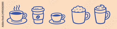 Minimalist blue line art icons of coffee and tea cups, including espresso, latte, cappuccino, and takeaway coffee on a warm beige background.