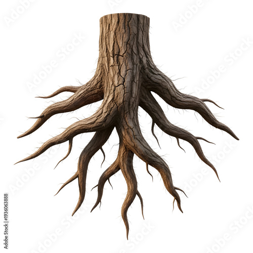 Sturdy tree stump with sprawling underground root system showing textured brown bark