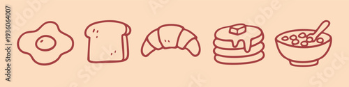 Hand-drawn doodle set of breakfast food icons featuring fried egg, toast, croissant, pancakes, and cereal bowl. Minimalist vector illustration.