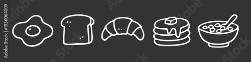 Hand-drawn white outline icons of breakfast items like egg, toast, croissant, pancakes, and cereal on a dark chalkboard background.