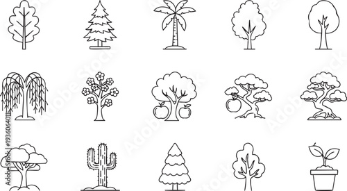Set of Various Tree and Plant Line Art Icons for Botanical and Nature Design