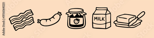 Hand-drawn breakfast food icons featuring bacon, sausage, strawberry jam, milk, and butter. Minimalist black line art on a warm peach background.