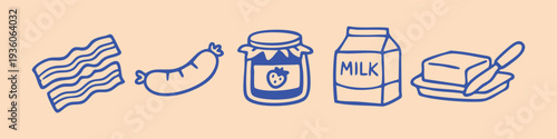 Hand-drawn blue line art illustrations of breakfast staples: bacon, sausage, strawberry jam, milk carton, and butter. Minimalist doodle style.