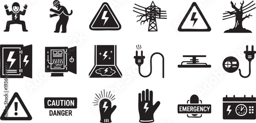 Industrial Electrical Hazard and Safety Warning Glyph Icon Set