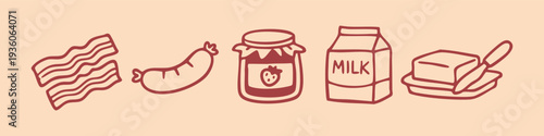 Hand-drawn doodle icons of breakfast foods including bacon, sausage, strawberry jam, milk carton, and butter on a cream background.