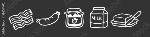 Set of hand-drawn breakfast icons including bacon, sausage, strawberry jam, milk, and butter. Minimalist white line art doodle on dark background.
