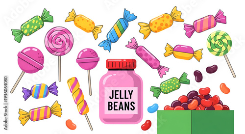 Colorful assortment of wrapped candies, lollipops, and jelly beans in a playful arrangement, showcasing vibrant hues and delightful sweetness, perfect for festive occasions and cheerful designs.