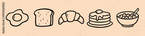 Set of breakfast food line art icons including fried egg, toast, croissant, pancakes, and cereal bowl on a pastel background.