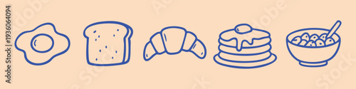 Hand-drawn blue outline icons of breakfast items including a fried egg, toast, croissant, pancakes, and cereal bowl on a beige background.