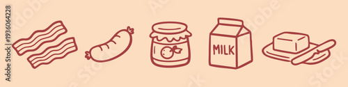 Hand-drawn breakfast food icon set including bacon, sausage, jam jar, milk carton, and butter. Minimalist brown outline doodle on a beige background.