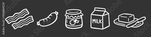 Set of white hand-drawn breakfast icons on a dark background, featuring bacon, sausage, jam, milk, and butter. Minimalist line art illustration.