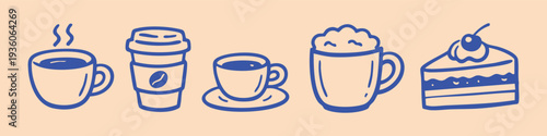 Hand-drawn blue line art icons of coffee cups, a disposable coffee cup, and a slice of cake, ideal for cafe branding and menus.