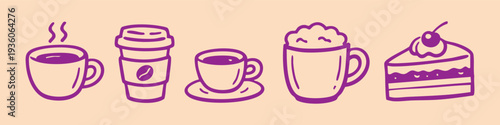 Hand-drawn purple line art icons of coffee cups, a disposable cup, espresso, latte with foam, and a slice of cake. Minimalist cafe illustration set.
