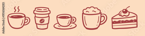 Set of hand-drawn coffee and dessert icons featuring espresso, takeaway cup, latte, and cherry cake slice. Minimalist cafe doodle illustrations.