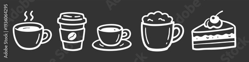 Set of white line art coffee and dessert icons on dark background, featuring various cups, a take-away cup, and a slice of cake with a cherry.