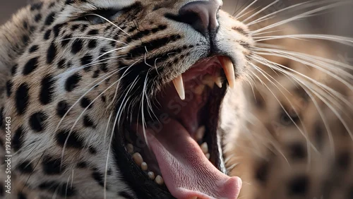 Obraz Extreme Close-up of Leopard Roaring with Mouth Wide Open and Sharp Fangs