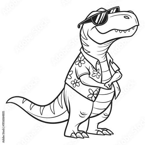 Cartoon tyrannosaurus rex wearing sunglasses and Hawaiian floral shirt for summer vacation vibe