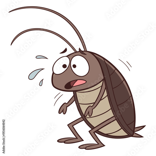 Cartoon cockroach character with wide eyes and sweat drops showing fear and stress for pest control