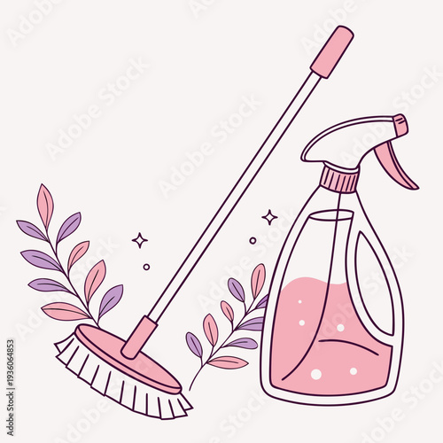 Household cleaning tools: long-handled broom and spray bottle with pink liquid surrounded by pastel leaves