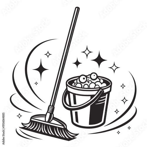 Monochrome illustration of mop and soapy bucket with sparkles representing floor cleaning service