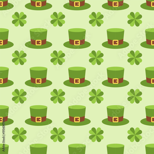 Seamless pattern with leprechaun hat and shamrock. Irish lucky symbols background for StPatrick holiday, festive green print for card, wallpaper, fabric, wrapping and textile design. Flat vector.