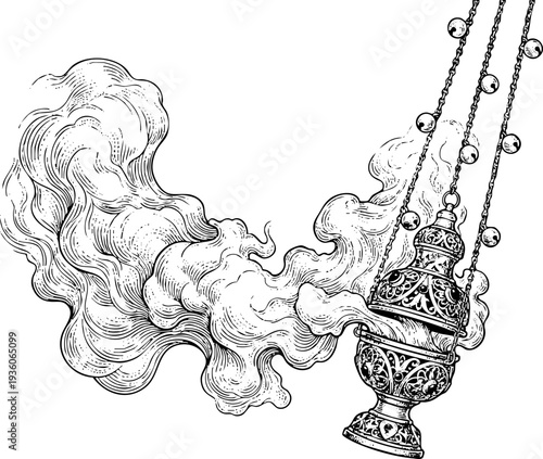 Engraved Church Thurible Swinging, Incense Smoke Spiritual for Sacred Rituals, Liturgical Art, Spiritual Cleansing, Worship Service, and Traditional Faith Imagery