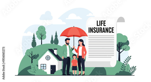 Modern vector illustration of happy family protected under large umbrella symbolizing life insurance coverage. Financial security, risk protection and future planning concept