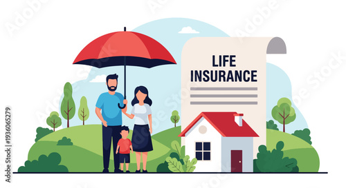 Modern vector illustration of happy family protected under large umbrella symbolizing life insurance coverage. Financial security, risk protection and future planning concept