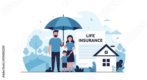 Modern vector illustration of happy family protected under large umbrella symbolizing life insurance coverage. Financial security, risk protection and future planning concept