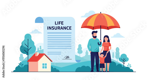 Modern vector illustration of happy family protected under large umbrella symbolizing life insurance coverage. Financial security, risk protection and future planning concept
