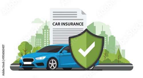 Modern vector illustration of car with protective shield symbolizing auto insurance coverage. Vehicle safety, accident protection and financial security concept
