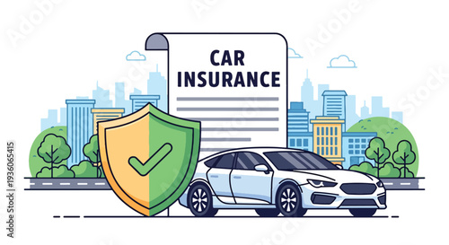 Modern vector illustration of car with protective shield symbolizing auto insurance coverage. Vehicle safety, accident protection and financial security concept